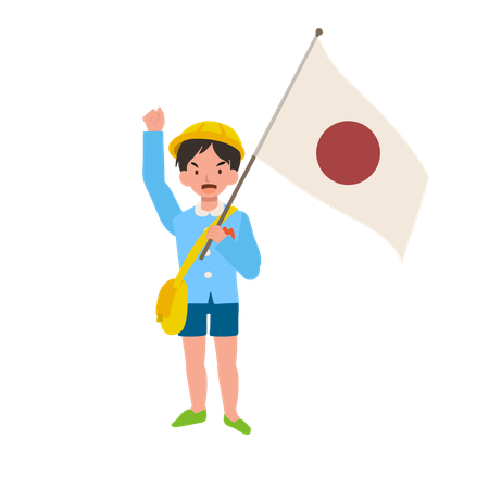 Jeune garçon en uniforme de maternelle agitant le drapeau japonais lors d'une célébration culturelle scolaire  Illustration