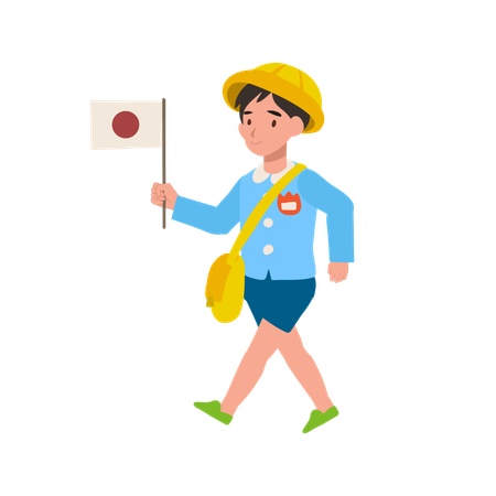 Jeune garçon en uniforme de maternelle agitant le drapeau japonais lors d'une célébration culturelle scolaire  Illustration