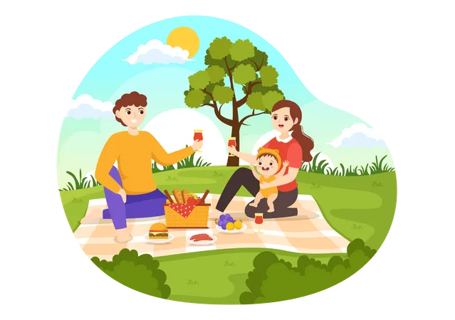 Jeune garçon et fille assis sur l'herbe verte dans la nature pendant les vacances d'été  Illustration