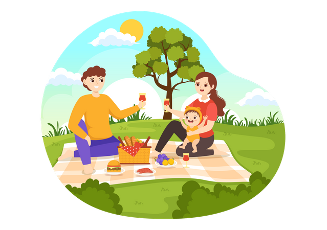 Jeune garçon et fille assis sur l'herbe verte dans la nature pendant les vacances d'été  Illustration