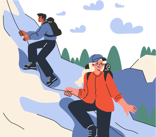 Jeune garçon et fille escalade la montagne  Illustration