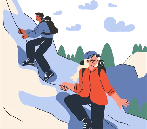 Jeune garçon et fille escalade la montagne  Illustration