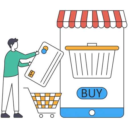 Jeune garçon faisant des achats en ligne à l'aide d'une application d'achat  Illustration