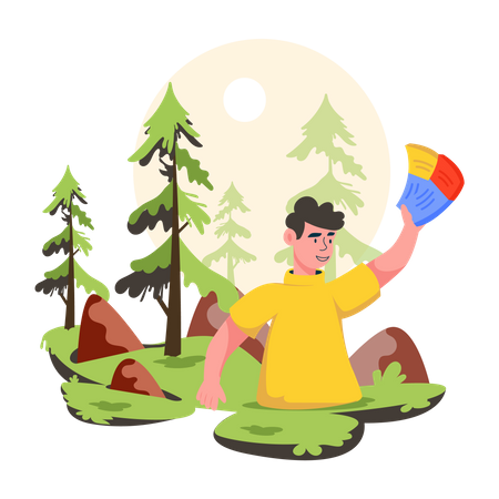 Jeune garçon faisant un voyage en forêt  Illustration