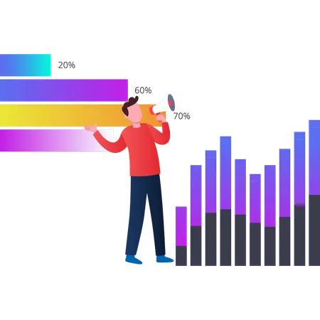 Jeune garçon faisant une annonce pour les statistiques des entreprises  Illustration