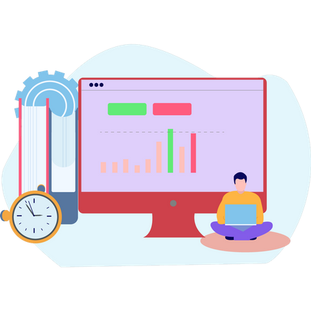 Jeune garçon effectuant une analyse de l'éducation en ligne  Illustration