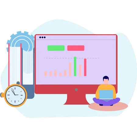 Jeune garçon effectuant une analyse de l'éducation en ligne  Illustration