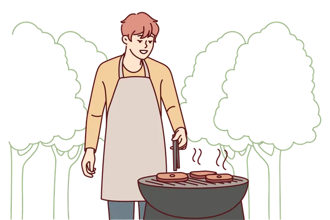 Jeune garçon grill viande de porc  Illustration