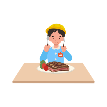 Jeune garçon mangeant un steak à la table à manger en uniforme de maternelle japonaise appréciant la nourriture  Illustration