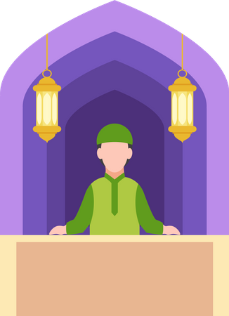 Jeune garçon musulman debout à la mosquée  Illustration