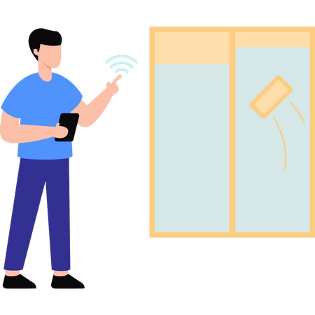 Jeune garçon nettoyant la fenêtre avec une technologie intelligente  Illustration