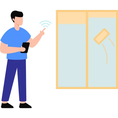 Jeune garçon nettoyant la fenêtre avec une technologie intelligente  Illustration