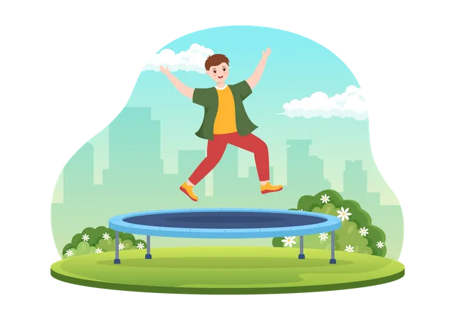 Jeune garçon sautant sur le trampoline  Illustration