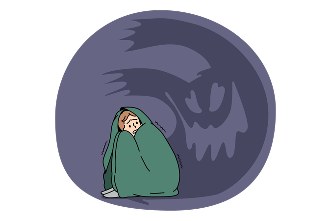 Un jeune garçon stressé recouvert d'une couverture, assis sur le sol, sentant un fantôme autour de lui, paniqué et souffrant de problèmes nerveux  Illustration