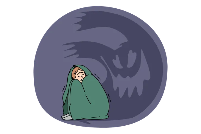 Un jeune garçon stressé recouvert d'une couverture, assis sur le sol, sentant un fantôme autour de lui, paniqué et souffrant de problèmes nerveux  Illustration