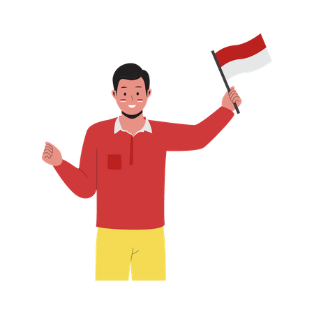 Jeune garçon tenant un drapeau et célébrant le jour de l'indépendance de l'Indonésie  Illustration