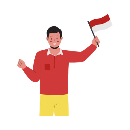 Jeune garçon tenant un drapeau et célébrant le jour de l'indépendance de l'Indonésie  Illustration