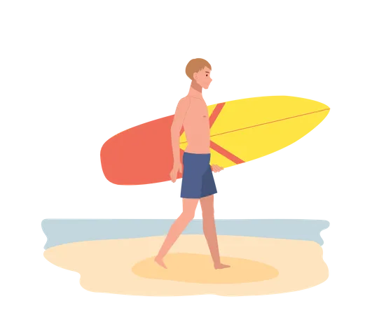 Jeune garçon tenant une planche de surf sur la plage  Illustration