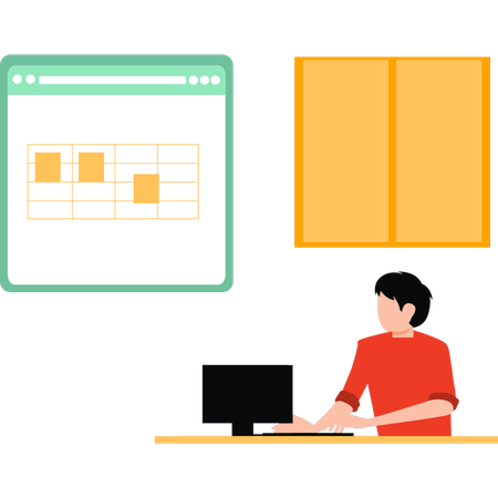 Jeune garçon travaillant sur moniteur  Illustration