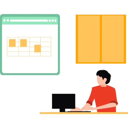 Jeune garçon travaillant sur moniteur  Illustration