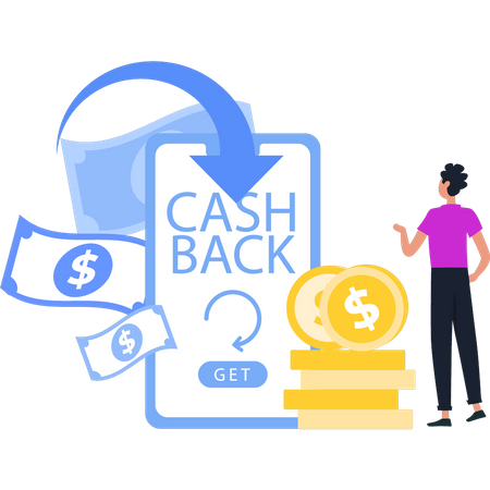 Un jeune homme opte pour l’option de cashback  Illustration