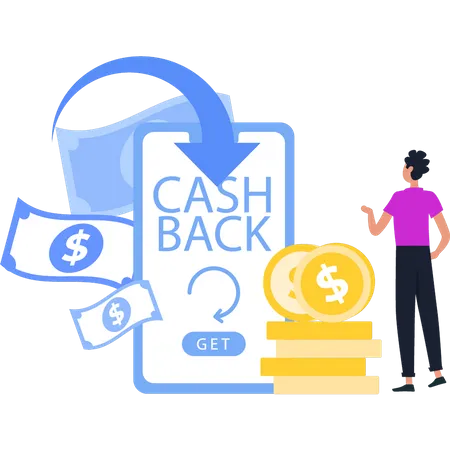 Un jeune homme opte pour l’option de cashback  Illustration