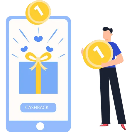 Jeune homme regardant la valeur du cashback  Illustration