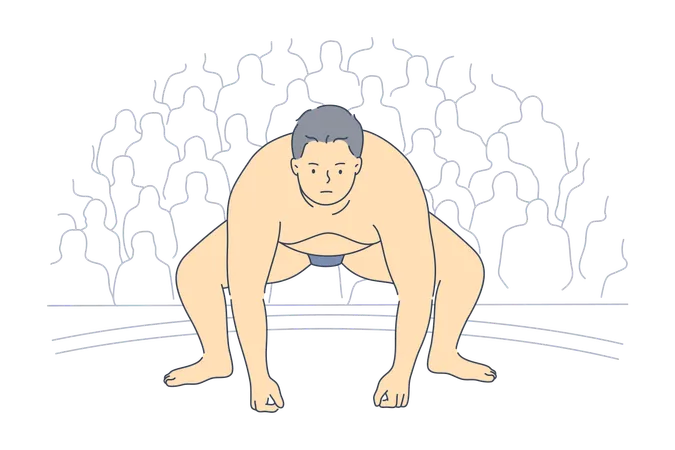 Jeune gros lutteur de sumo asiatique sérieux et obèse préparant les combats au match  Illustration