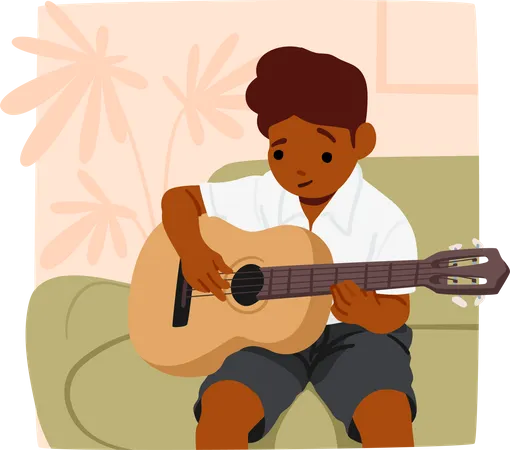 Un jeune garçon guitariste gratte avec joie  Illustration