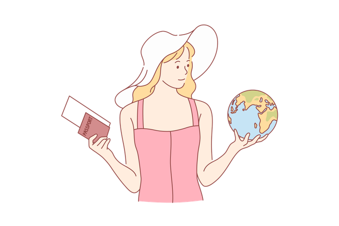 Jeune touriste heureuse femme se tient avec passeport et billet d'avion  Illustration
