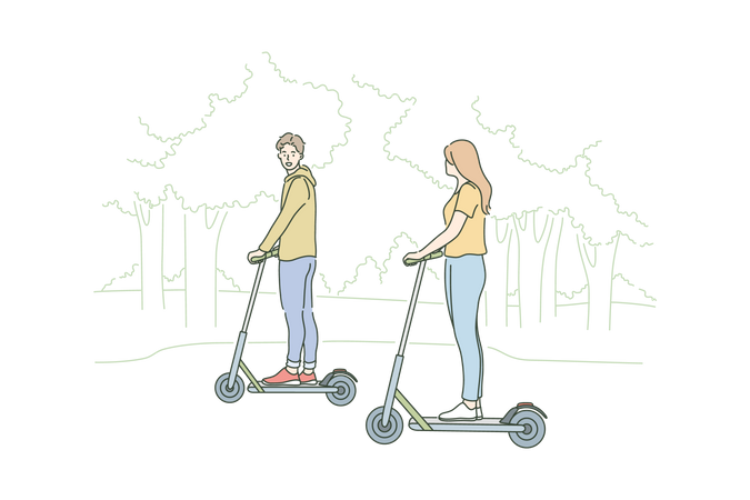 Un jeune couple heureux amoureux monte un scooter électrique au parc ensemble  Illustration