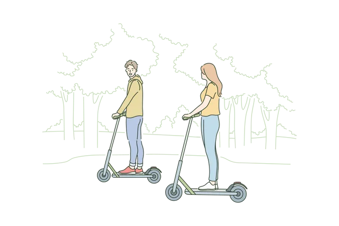 Un jeune couple heureux amoureux monte un scooter électrique au parc ensemble  Illustration