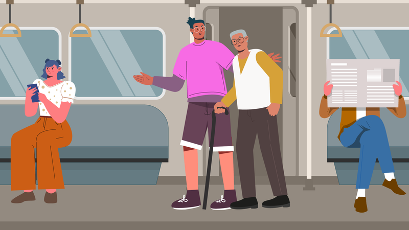 Un jeune homme aide un vieil homme à l'intérieur du métro  Illustration