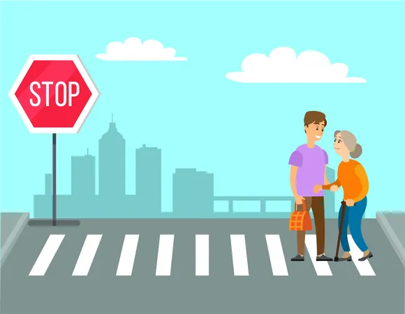 Jeune homme aidant une dame âgée à traverser la route  Illustration