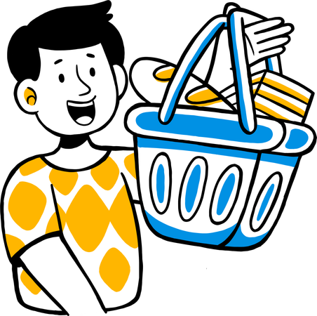 Un jeune homme ajoute des articles au panier  Illustration