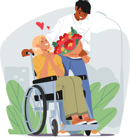 Un jeune homme amoureux offre un bouquet de fleurs à sa petite amie assis dans un fauteuil roulant lors d'un premier rendez-vous  Illustration