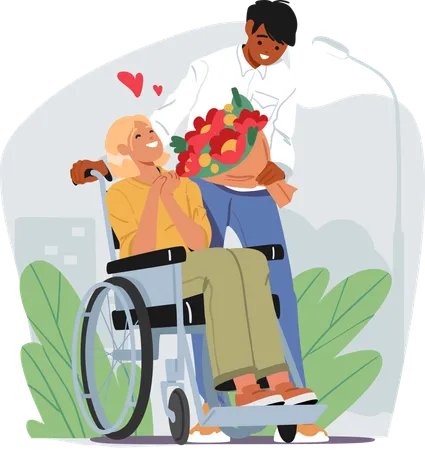 Un jeune homme amoureux offre un bouquet de fleurs à sa petite amie assis dans un fauteuil roulant lors d'un premier rendez-vous  Illustration