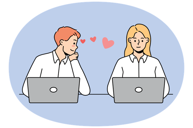 Jeune homme amoureux regardant une collègue travaillant ensemble sur des ordinateurs portables au bureau  Illustration