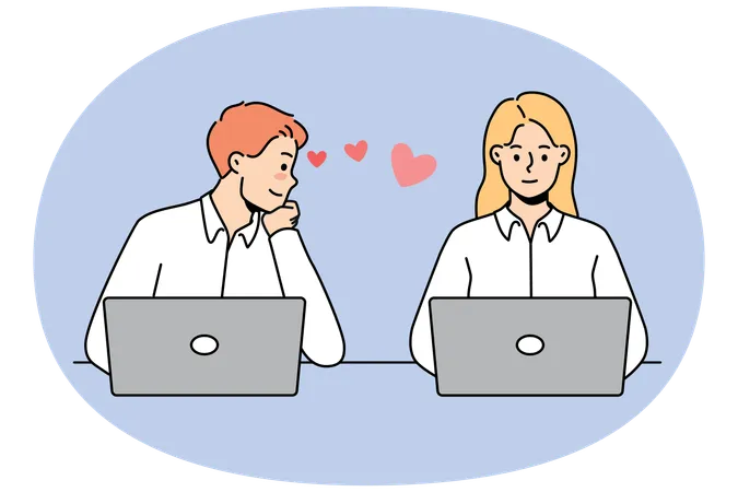 Jeune homme amoureux regardant une collègue travaillant ensemble sur des ordinateurs portables au bureau  Illustration