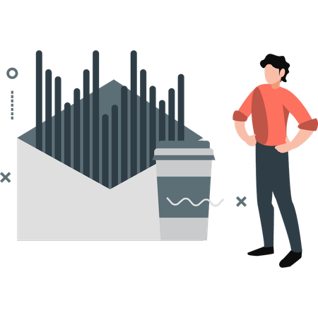 Un jeune homme analyse un graphique de courrier électronique  Illustration