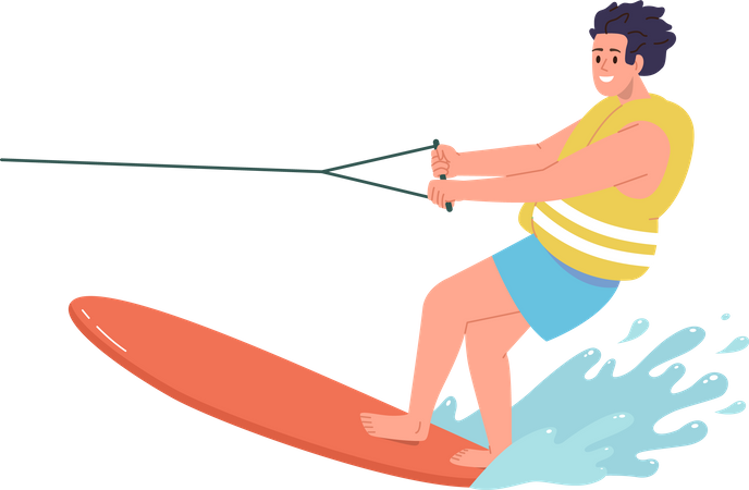 Jeune homme appréciant le ski nautique en mer  Illustration