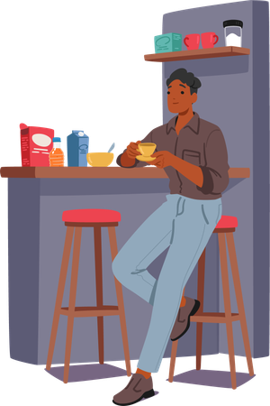 Le jeune homme apprécie le petit déjeuner  Illustration