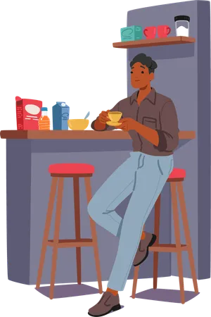 Le jeune homme apprécie le petit déjeuner  Illustration