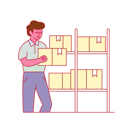 Jeune homme organisant un entrepôt  Illustration