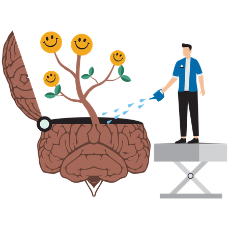 Jeune homme arrosant le cerveau en train de faire pousser une plante de semis au visage souriant et heureux  Illustration