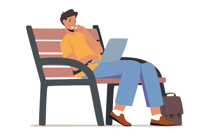 Jeune homme assis sur un banc dans un parc avec un ordinateur portable  Illustration