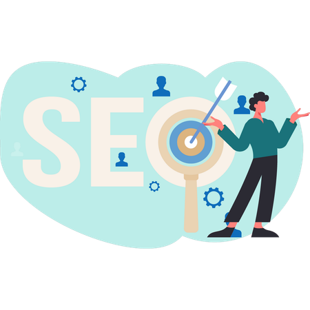 Un jeune homme réussit l'optimisation SEO  Illustration