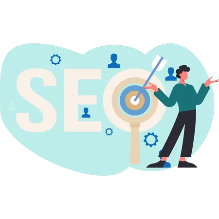 Un jeune homme réussit l'optimisation SEO  Illustration