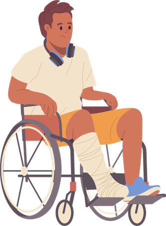 Jeune homme avec une jambe bandée en gypse, assis en fauteuil roulant  Illustration