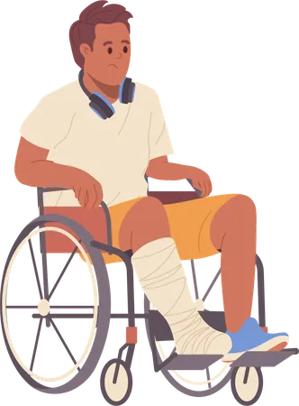 Jeune homme avec une jambe bandée en gypse, assis en fauteuil roulant  Illustration